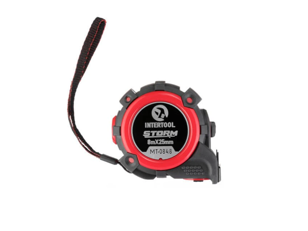 Рулетка з металевим полотном, 8 м * 25 мм, двостороння шкала, нейлонове покриття, двосторонній заціп з магнітом, автостоп полотна STORM INTERTOOL MT-0848 