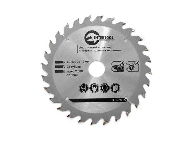 Диск пиляльний по деревині з твердосплавними напайками 150*22.2*1.5 мм, 28 зубів INTERTOOL CT-3015 