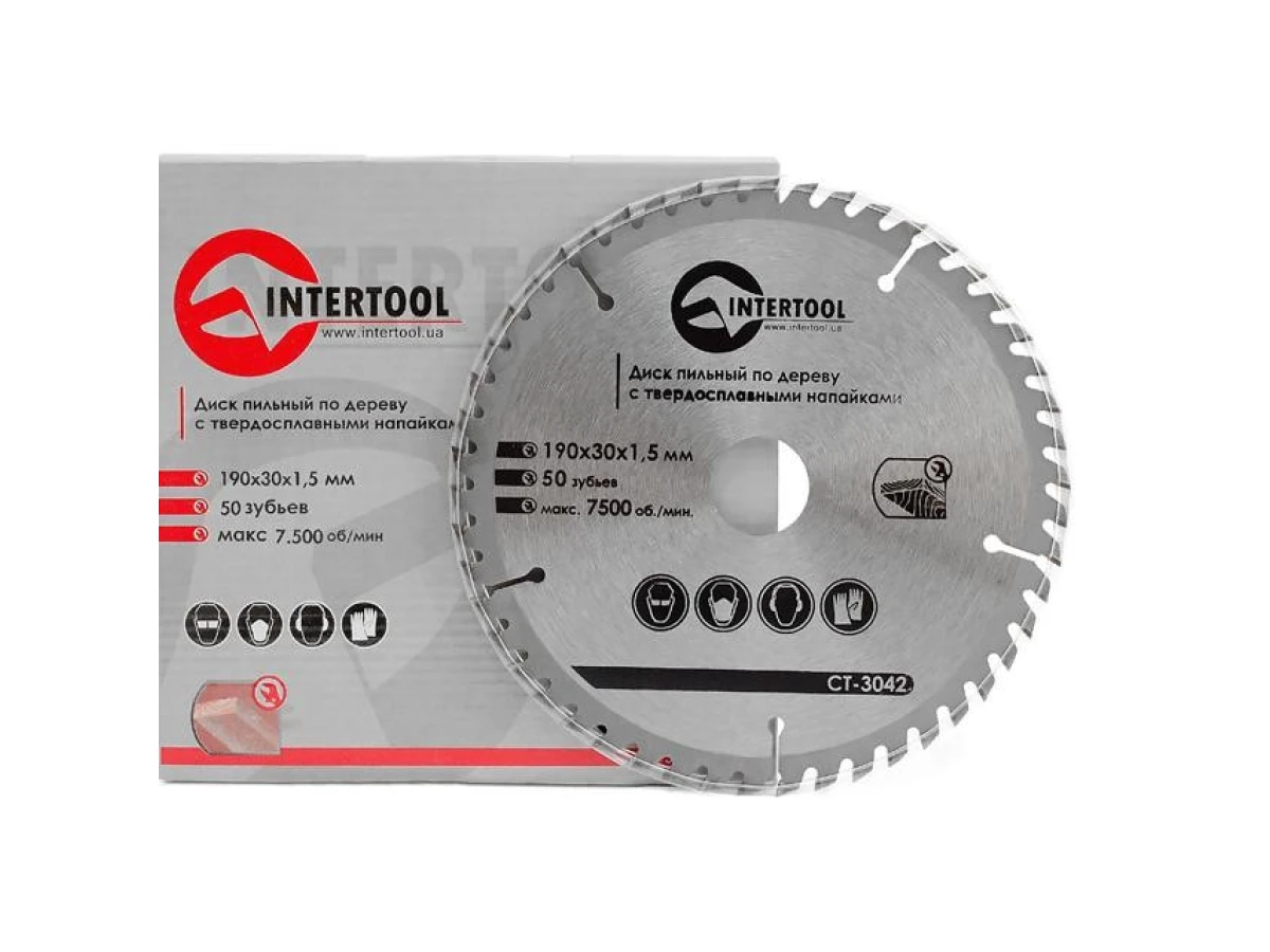 Диск пиляльний по деревині з твердосплавними напайками 190*30*1.5 мм , 50 зубців, 7500 об/хв. INTERTOOL CT-3042 