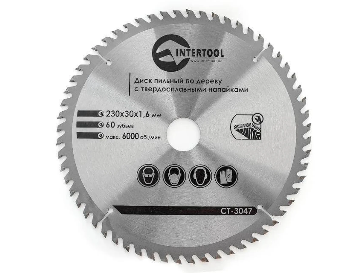Диск пиляльний по деревині з твердосплавними напайками 230*30*1.6 мм, 60 зубів, 6000 об/хв. INTERTOOL CT-3047 
