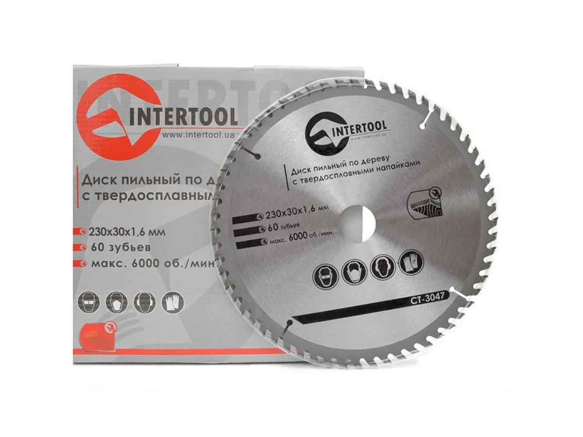 Диск пиляльний по деревині з твердосплавними напайками 230*30*1.6 мм, 60 зубів, 6000 об/хв. INTERTOOL CT-3047 