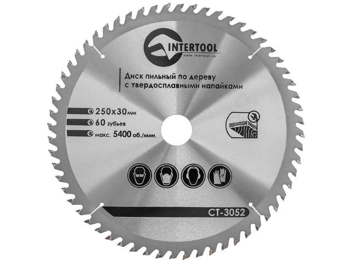 Диск пиляльний по деревині з твердосплавними напайками 250*30*1.7 мм, 60 зубів, 5400 об/хв. INTERTOOL CT-3052 