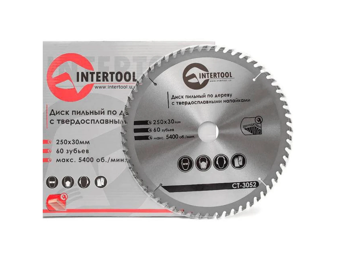 Диск пиляльний по деревині з твердосплавними напайками 250*30*1.7 мм, 60 зубів, 5400 об/хв. INTERTOOL CT-3052 