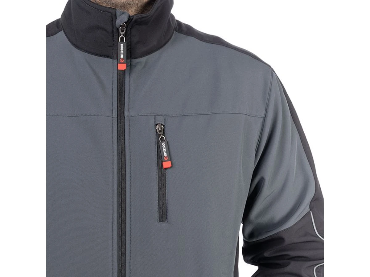 Куртка SOFTSHELL темно сіро-чорна, тришарова, тканина - стрейч 300 GSM 100D, з водо- і вітрозахистом, розмір XXL INTERTOOL SP-3135 