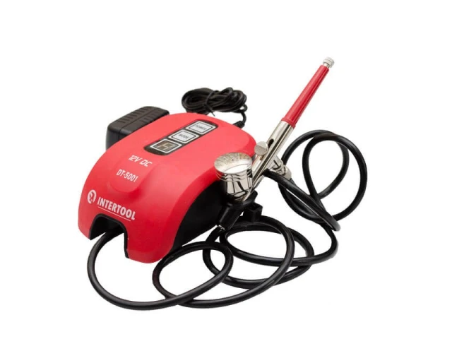 Аерограф електричний 12 Вт, 12 В, 10-15 л/хв., 0-2 Бар INTERTOOL DT-5001 