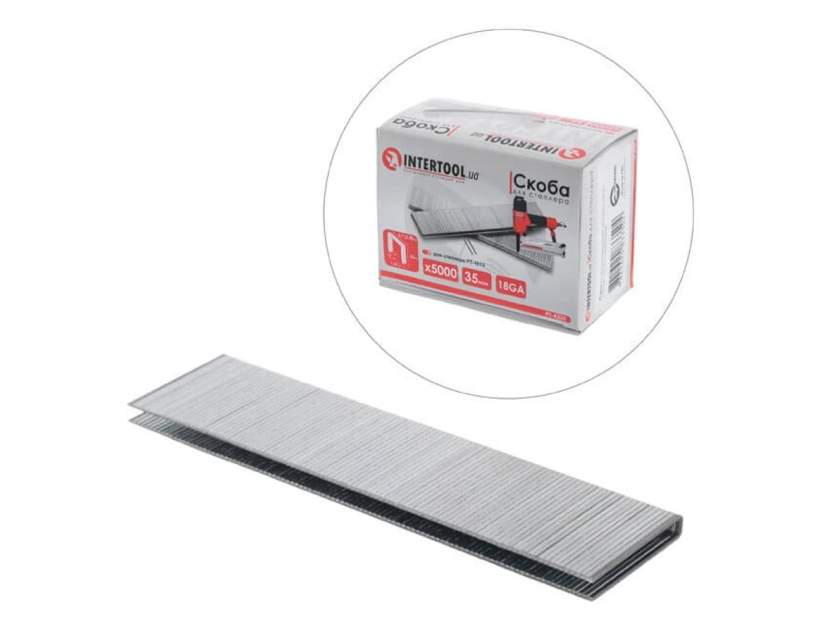 Скоба для степлера РТ-1612, 35 мм (18GA), 5,7(5,8)*1,25*1,0 мм, 5000 од/уп. INTERTOOL PT-8335 
