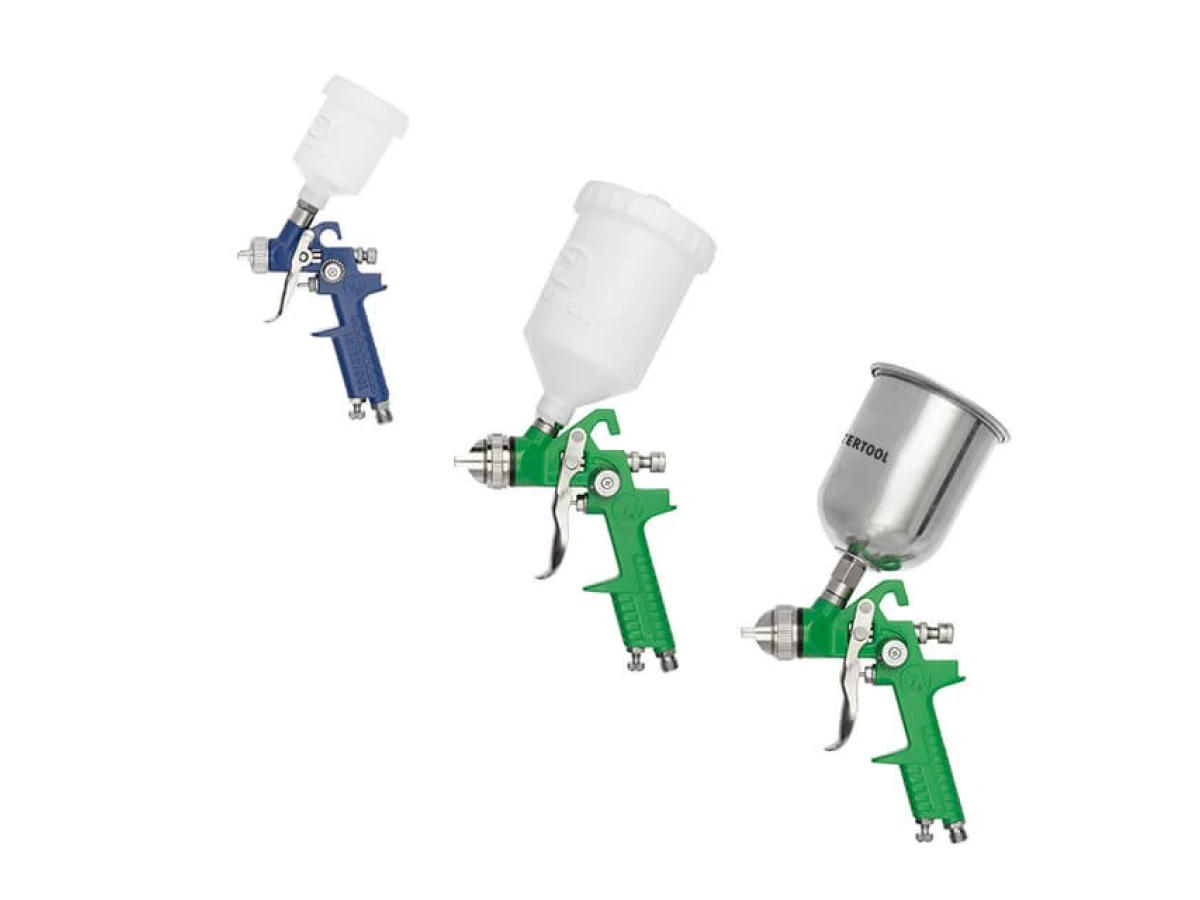 Набір з 3-х фарбопультів HVLP, 0,8 мм, 1,3 мм, 1,7 мм, регулятор тиску, два пластикових та один металевий бачок INTERTOOL PT-1505 