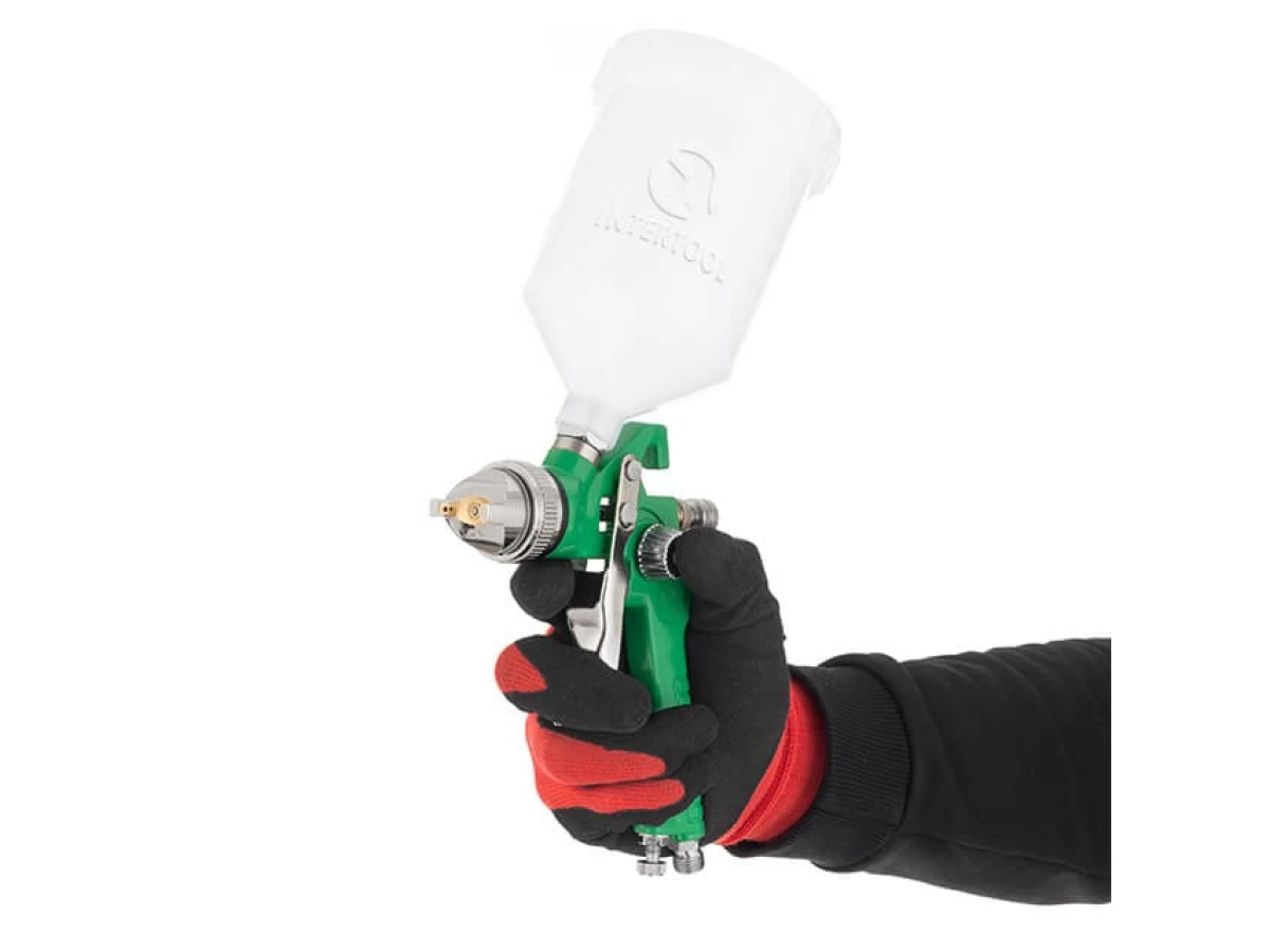 Набір з 3-х фарбопультів HVLP, 0,8 мм, 1,3 мм, 1,7 мм, регулятор тиску, два пластикових та один металевий бачок INTERTOOL PT-1505 