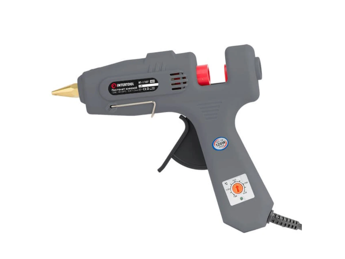 Пістолет клейовий 120 Вт, 230 В, 100-220 °C під стрижні 10.8-11.5 мм, 13-30 г/хв. INTERTOOL RT-1107 