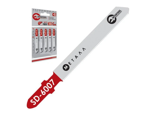 Набір полотен 5 од. для лобзика. Робоча довжина 50 мм, шаг зуба 1,2 мм, для роботи з тонким листовим металом та кольоровим металом. INTERTOOL SD-6007 