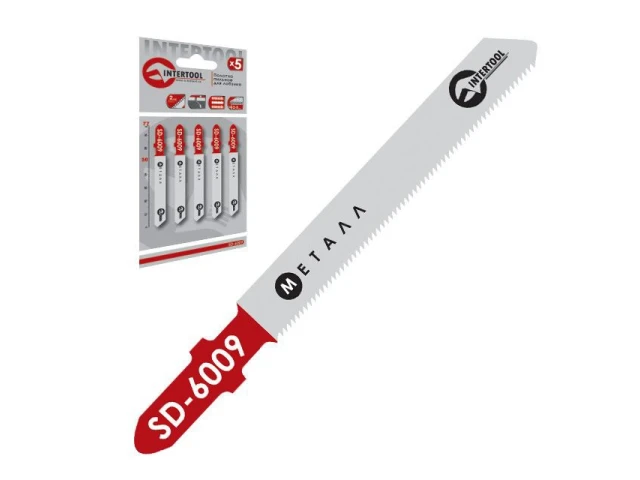 Набор полотен 5 ед. для лобзика. Рабочая длина 50 мм, шаг зуба 2,0 мм, для работы с тонким листовым и цветным металлом INTERTOOL SD-6009 