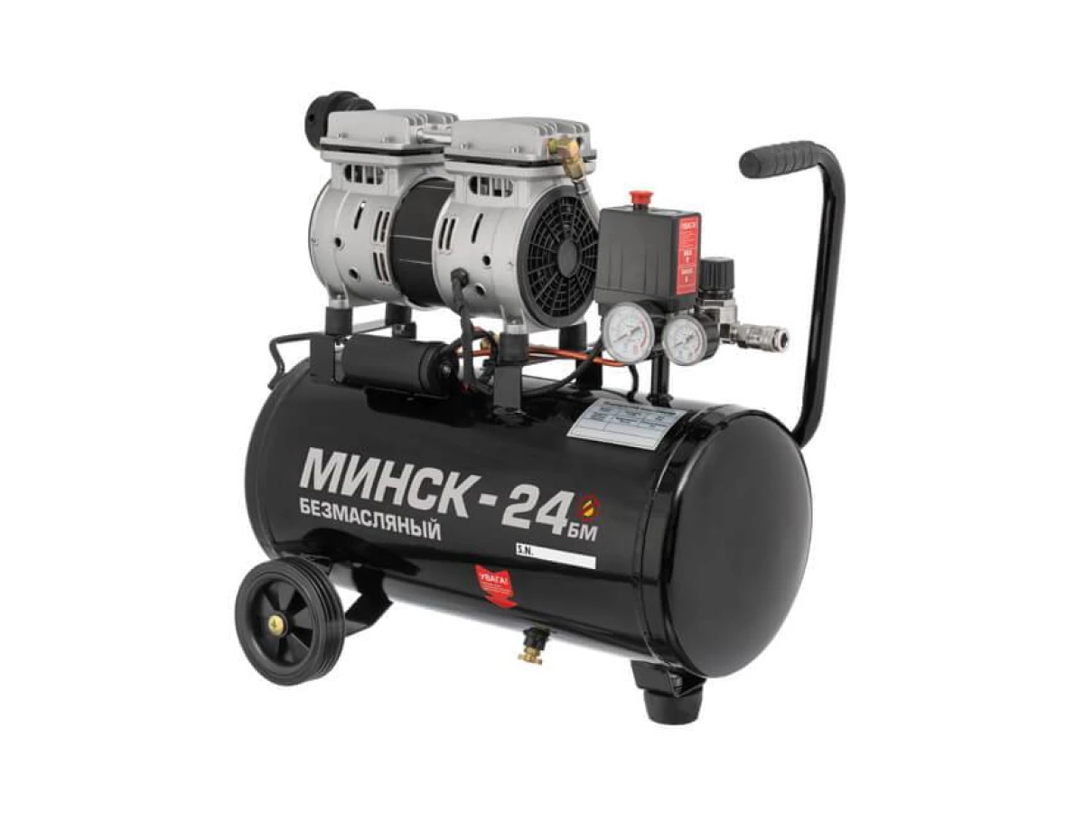 Компресор МК 24 БМ, 24л, 1.1 кВт, 220 В, 8 атм, 145 л/хв., малошумний, безмасляний, 2 циліндри INTERTOOL PT-0019 