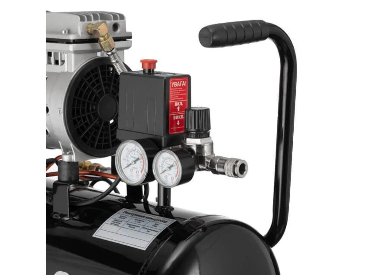 Компресор МК 24 БМ, 24л, 1.1 кВт, 220 В, 8 атм, 145 л/хв., малошумний, безмасляний, 2 циліндри INTERTOOL PT-0019 