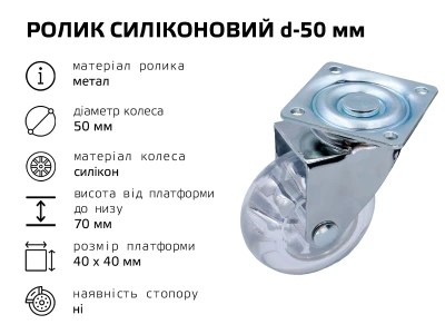 Ролик d-50 мм, без стопора, силіконовий прозорий з платформою