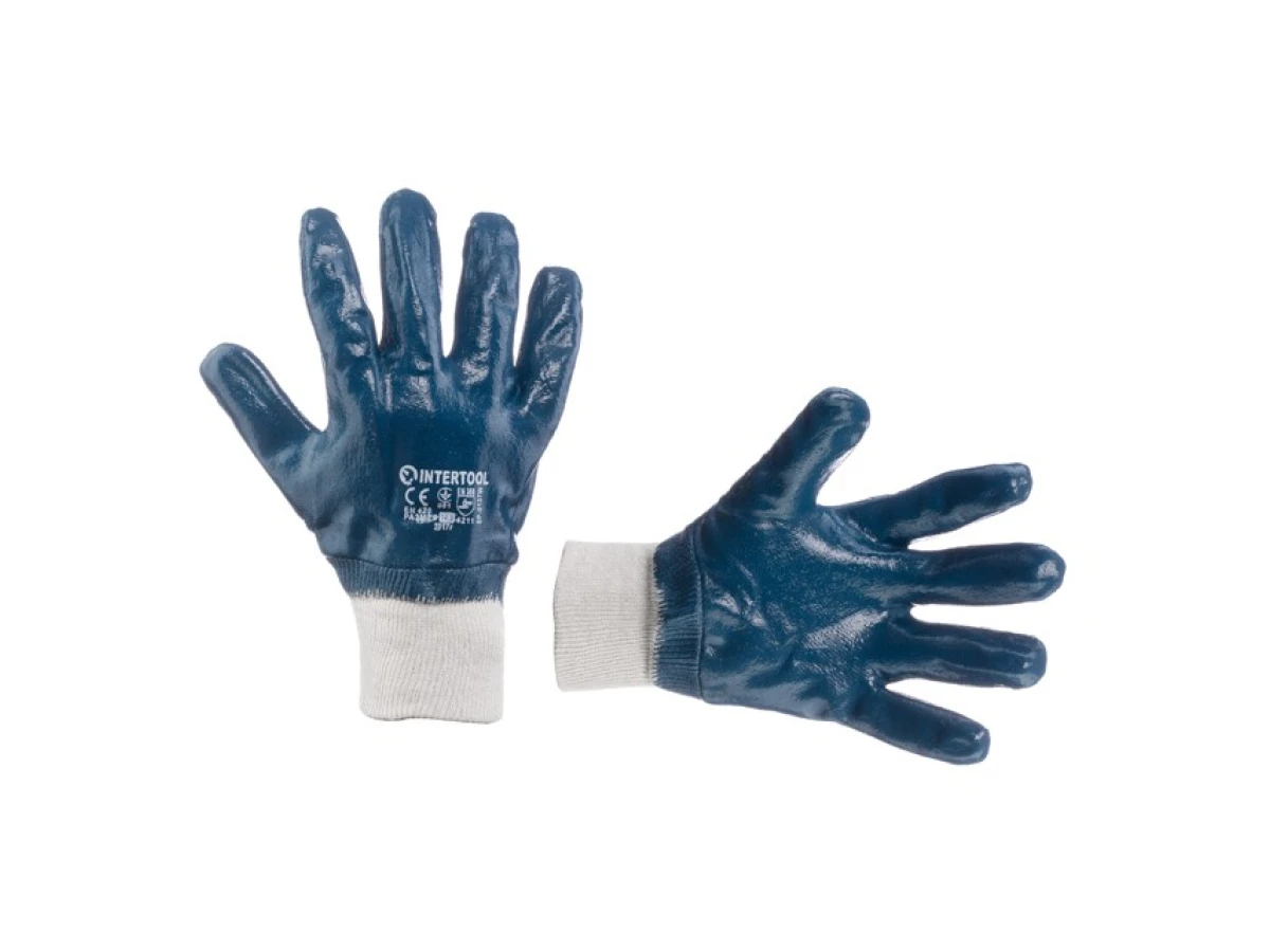 Перчатка маслостойкая х/б трикотаж покрытая нитрилом c вязаным манжетом 10,5" (синяя) INTERTOOL SP-0137 