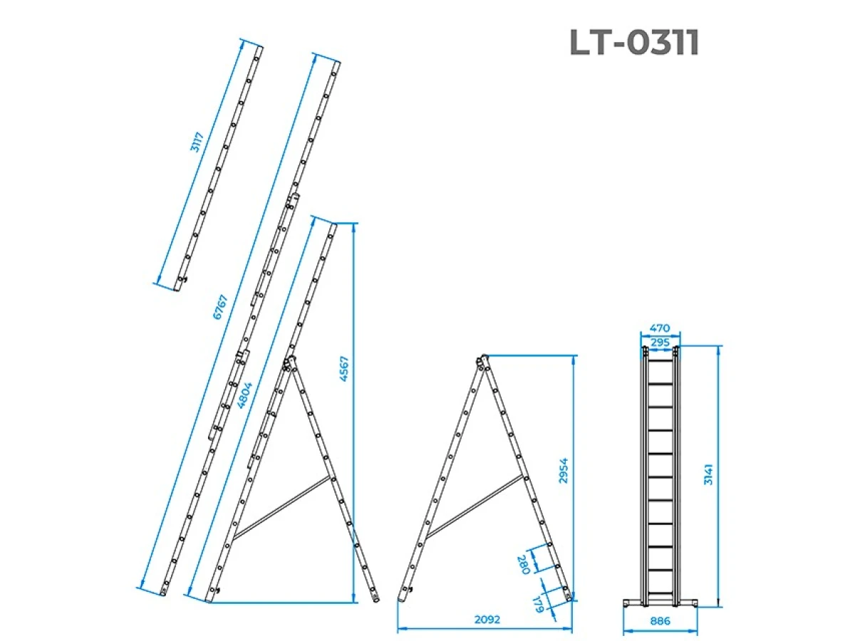 Лестница алюминиевая, 3-х секционная, универсальная, раскладная, 3*11 ступ., 6.7 м INTERTOOL LT-0311 