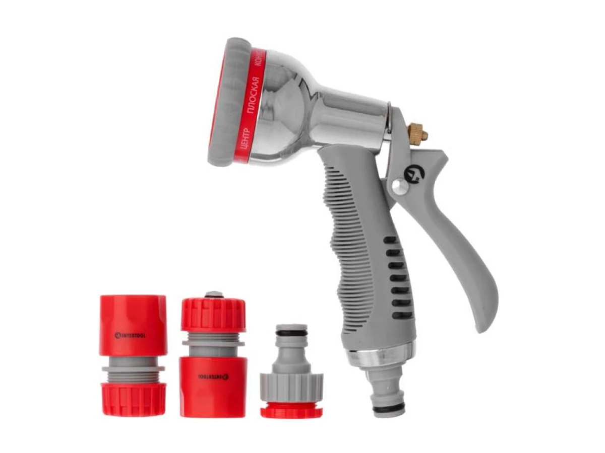 Пістолет-розпилювач для поливу 8-ми функціональний+ адаптер з резьбою 1/2", 3/4" і 2 коннектора для шланга 1/2" INTERTOOL GE-0005 