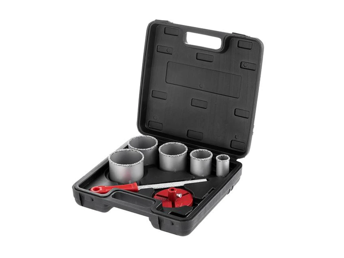 Набір корончатих свердел для плитки, 32-83 мм, 5 шт, вольфрамове напилення + напилок, кейс INTERTOOL SD-0428 