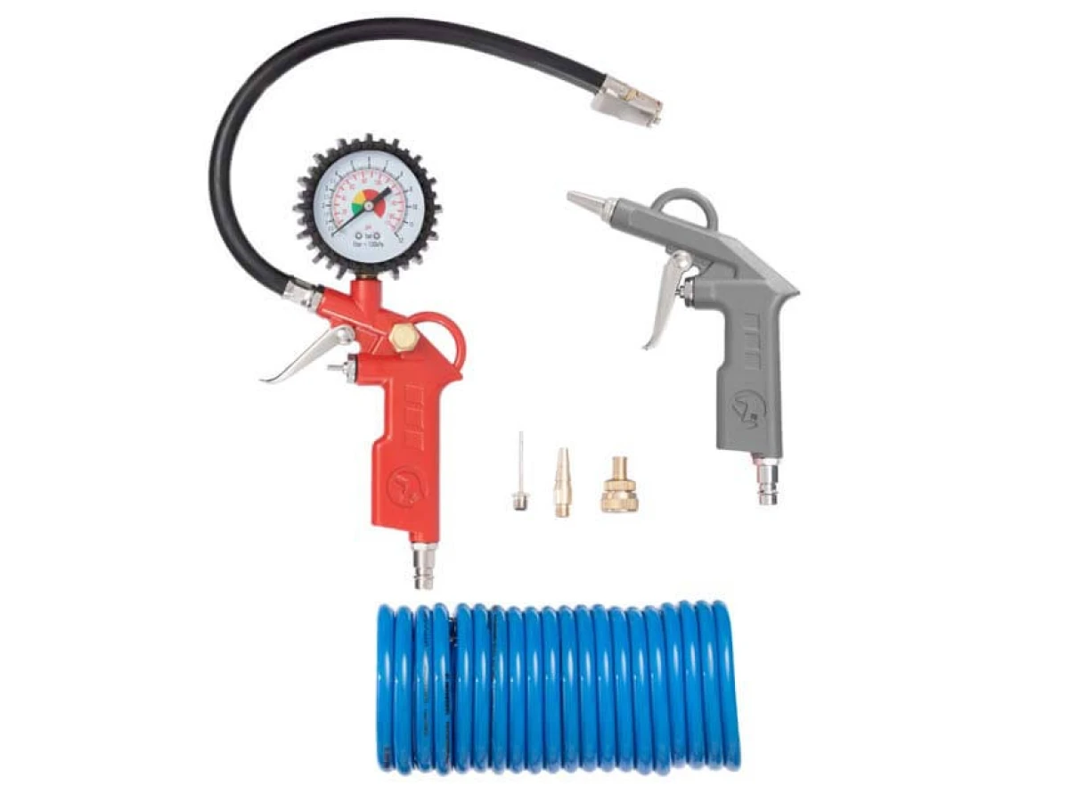 Набір пневмоінструментів 6 одиниць: пістолет для підкачування, продувний пістолет, шланг поліуретановий 5 м, три накінечника INTERTOOL PT-1500 