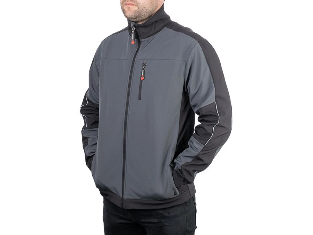 Куртка SOFTSHELL темно сіра-чорна, тришарова, тканина - стрейч 300 GSM 100D з водо- і вітрозахистом, розмір М INTERTOOL SP-3132 