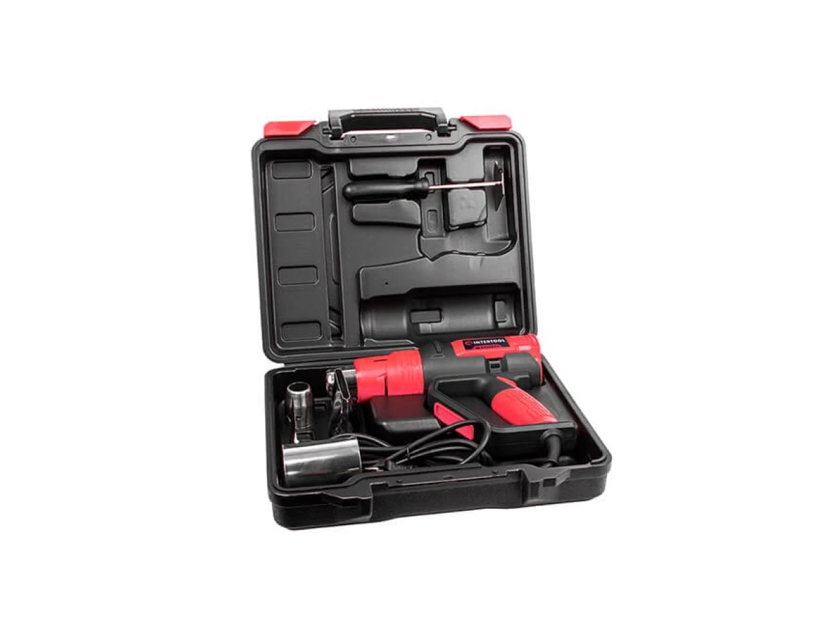 Фен технический 2000 Вт, 3 режима, плавная регулировка, 50-600 °C, 250-500 л/мин, 4 насадки, скребок, кейс INTERTOOL WT-1030 