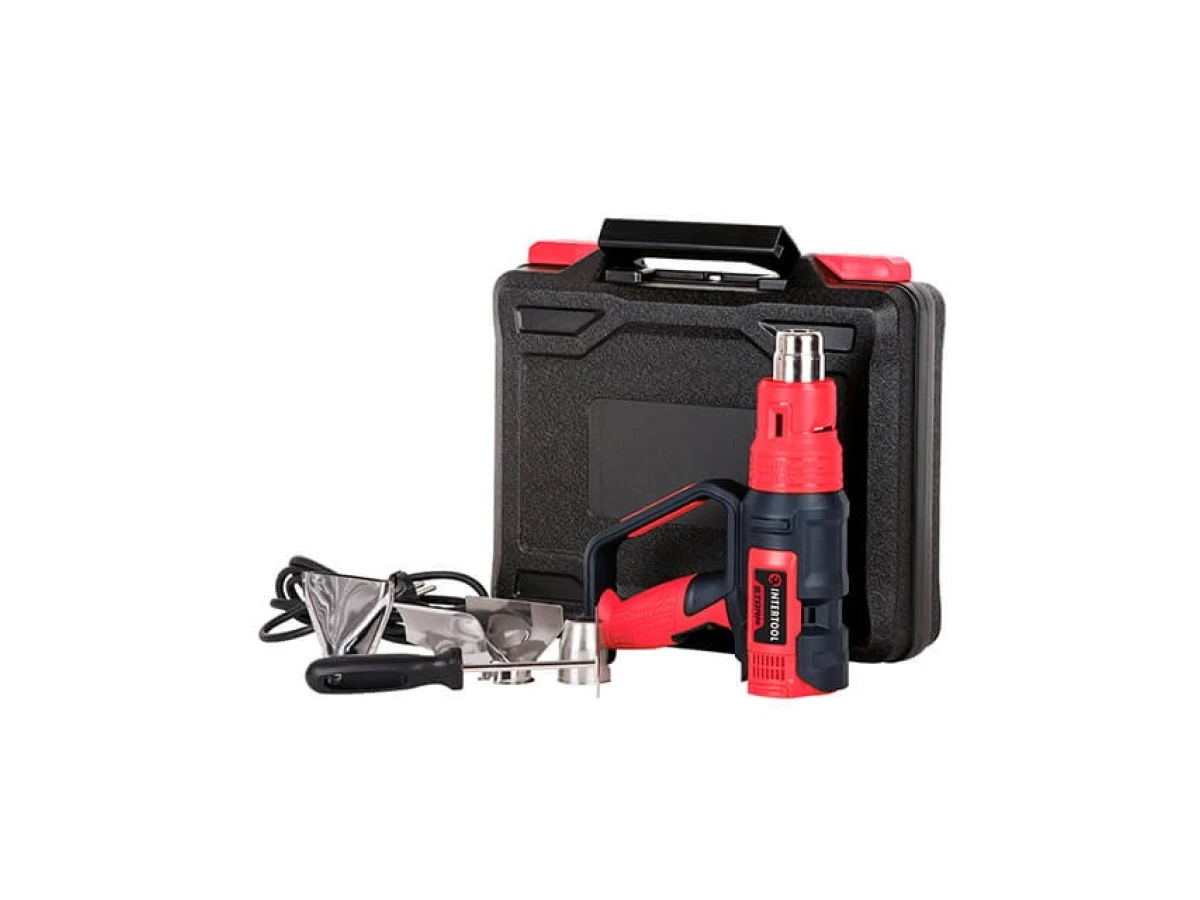 Фен технический 2000 Вт, 3 режима, плавная регулировка, 50-600 °C, 250-500 л/мин, 4 насадки, скребок, кейс INTERTOOL WT-1030 