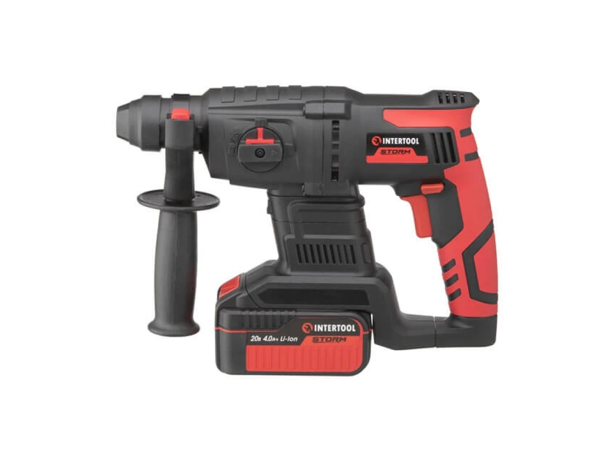Перфоратор аккумуляторный с бесщеточным двигателем 20 В, 2 Дж, 0-1250 об/мин, 0-4800 уд/мин, SDS plus, Li-Ion, 4.0 Ач, ЗУ 4 А, кейс INTERTOOL WT-0370 
