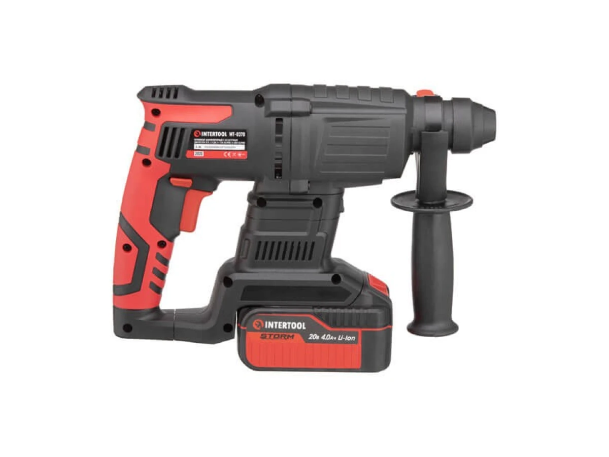 Перфоратор аккумуляторный с бесщеточным двигателем 20 В, 2 Дж, 0-1250 об/мин, 0-4800 уд/мин, SDS plus, Li-Ion, 4.0 Ач, ЗУ 4 А, кейс INTERTOOL WT-0370 