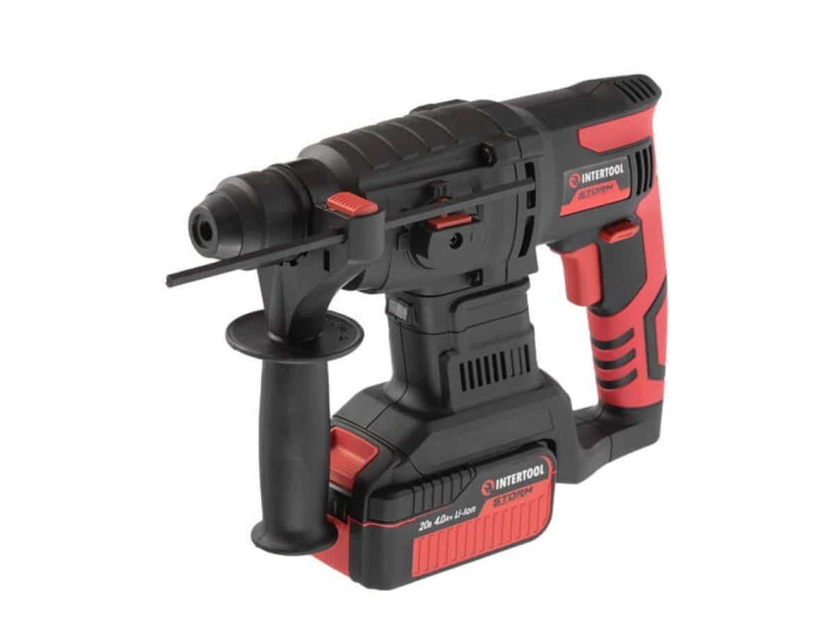Перфоратор аккумуляторный с бесщеточным двигателем 20 В, 2 Дж, 0-1250 об/мин, 0-4800 уд/мин, SDS plus, Li-Ion, 4.0 Ач, ЗУ 4 А, кейс INTERTOOL WT-0370 