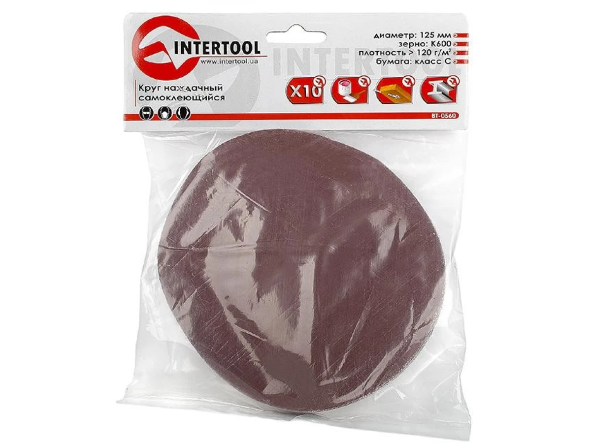 Круг наждачный самоклеющийся 125 мм, бумага класс С, плотность 120 г/м2, К600, уп. 10 ед. INTERTOOL BT-0560 