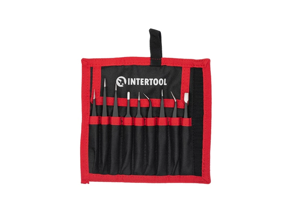 Набір пінцетів радіотехнічних 9 од., антистатичні, в чохлі INTERTOOL NT-6002 