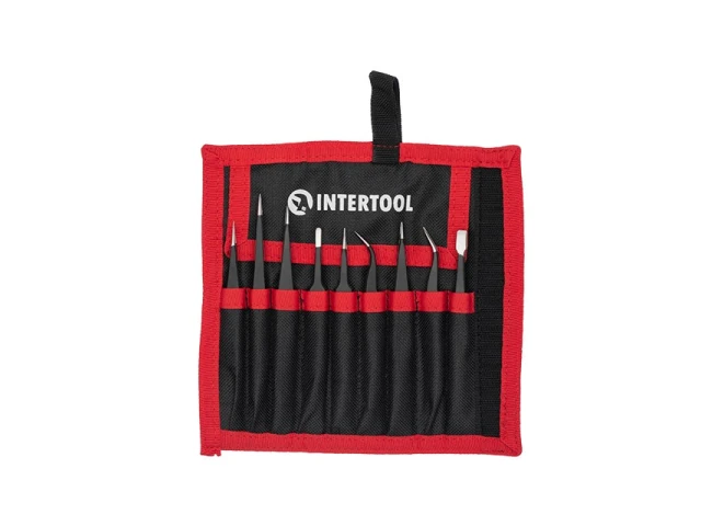 Набір пінцетів радіотехнічних 9 од., антистатичні, в чохлі INTERTOOL NT-6002 