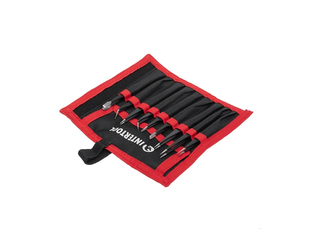 Набір пінцетів радіотехнічних 9 од., антистатичні, в чохлі INTERTOOL NT-6002 