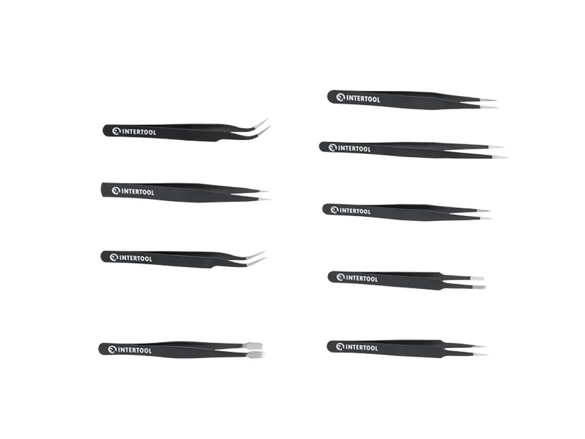 Набір пінцетів радіотехнічних 9 од., антистатичні, в чохлі INTERTOOL NT-6002 