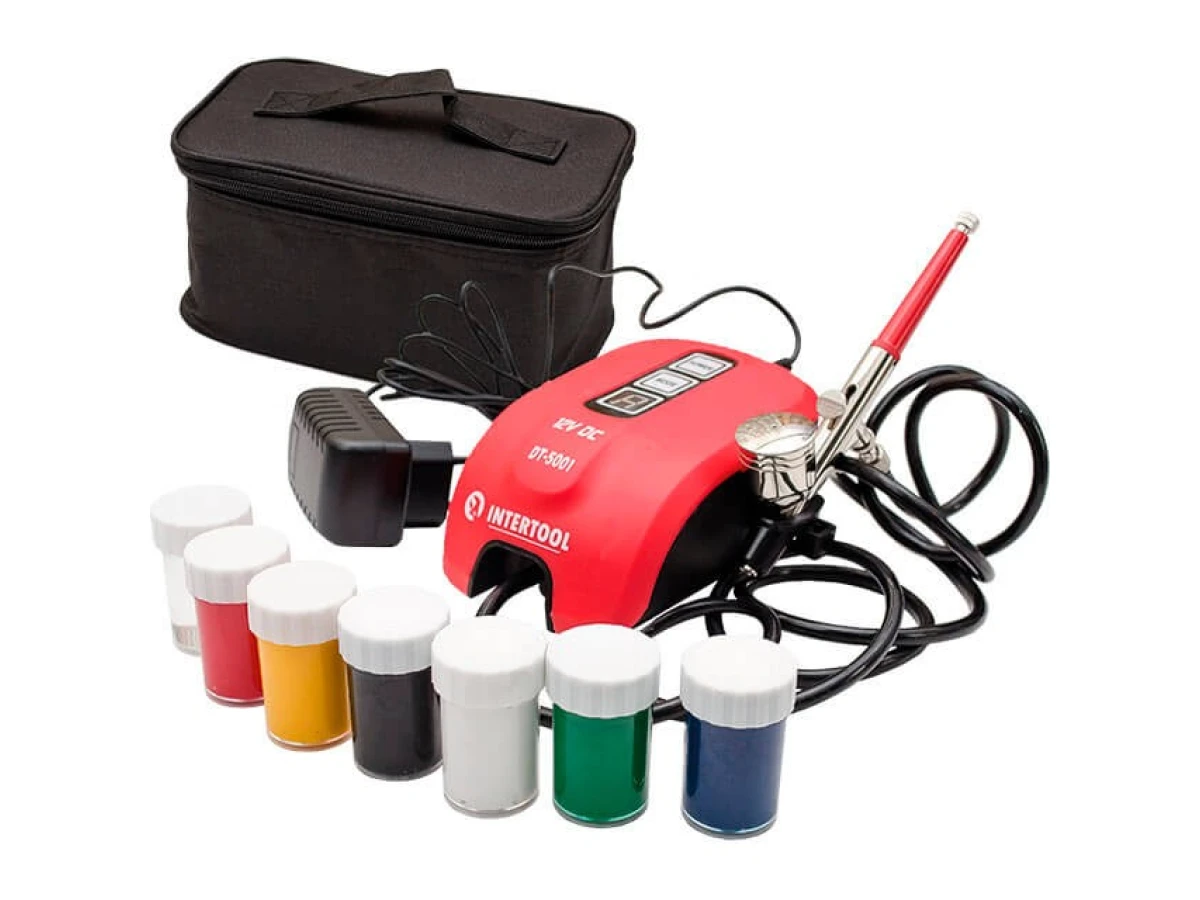 Аерограф електричний 12 Вт, 12 В, 10-15 л/хв., 0-2 Бар INTERTOOL DT-5001 