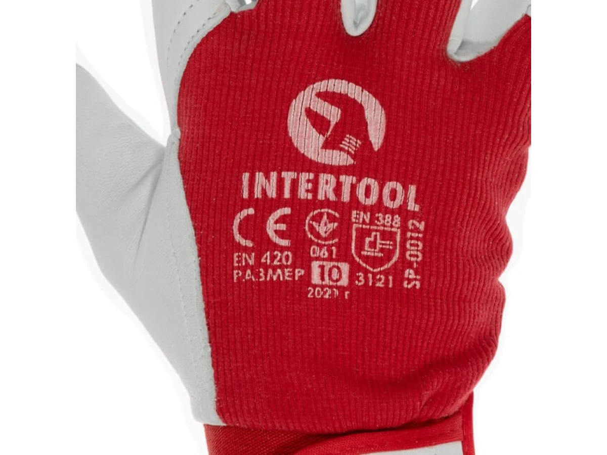 Перчатка кожаная комбинированная из высококачественной кожи и ткани 10" эластичный манжет на липучке INTERTOOL SP-0012 