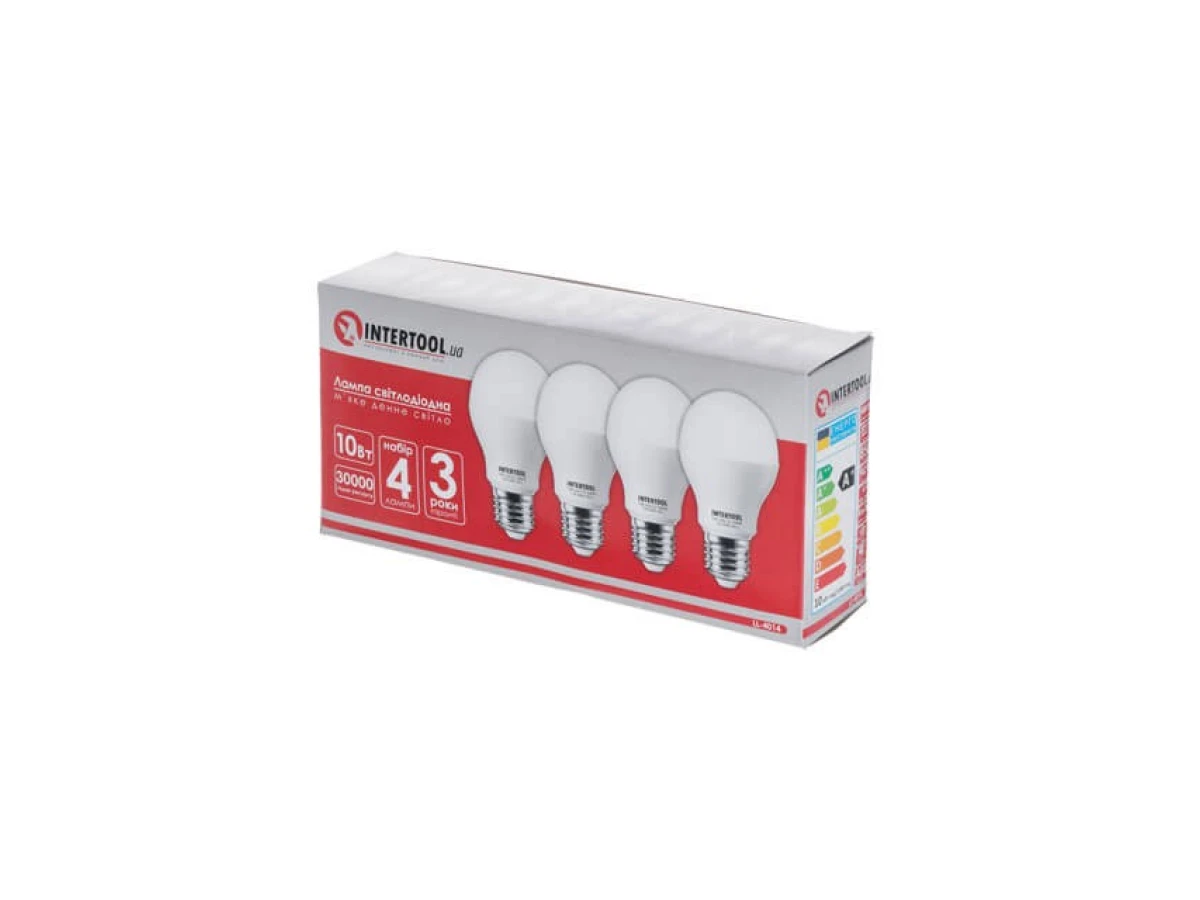 Лампы светодиодные набор из 4 штук LL-0014, LED A60, E27, 10 Вт, 150-300 В, 4000 K, 30000 ч, гарантия 3 года INTERTOOL LL-4014 