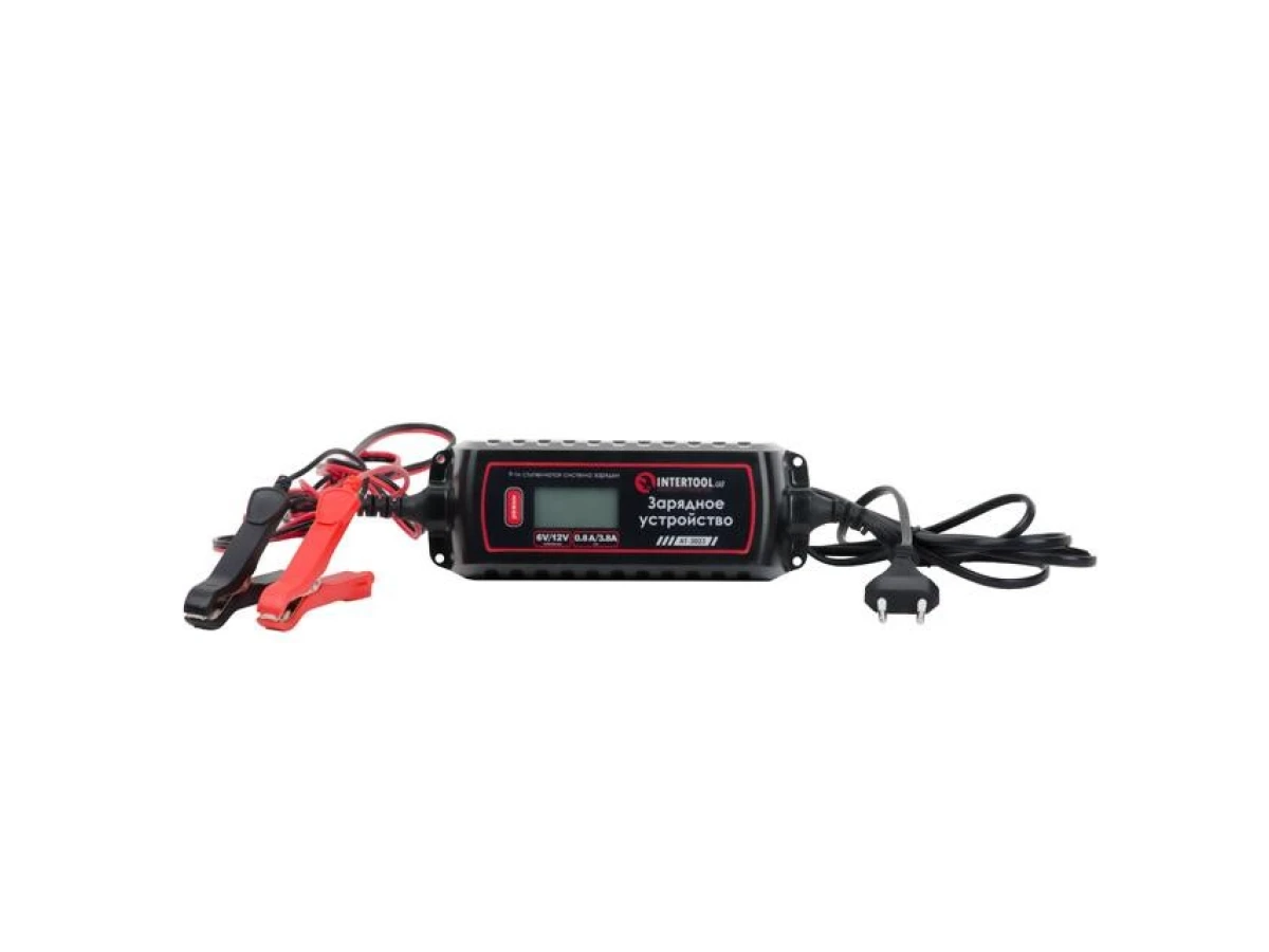 Зарядное устройство 6/12 В, 0.8/3.8 А, 230 В, зимний режим зарядки, дисплей, максимальная емкость заряжаемого аккумулятора 1.2-120 А/ч INTERTOOL AT-3023 