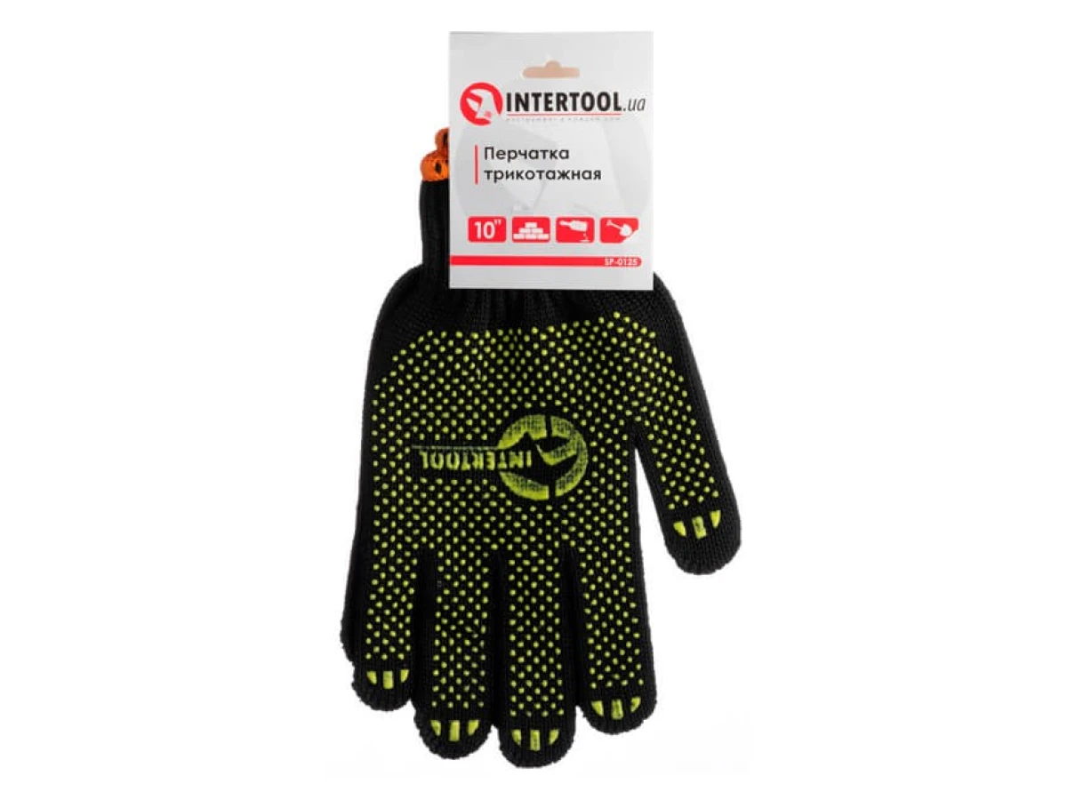 Рукавичка трикотажна 60% бавовна / 40% поліестер, з ПВХ крапкою, клас в'язки 7, колір чорний, з платуванням, жовта крапка, 90 гр INTERTOOL SP-0125 