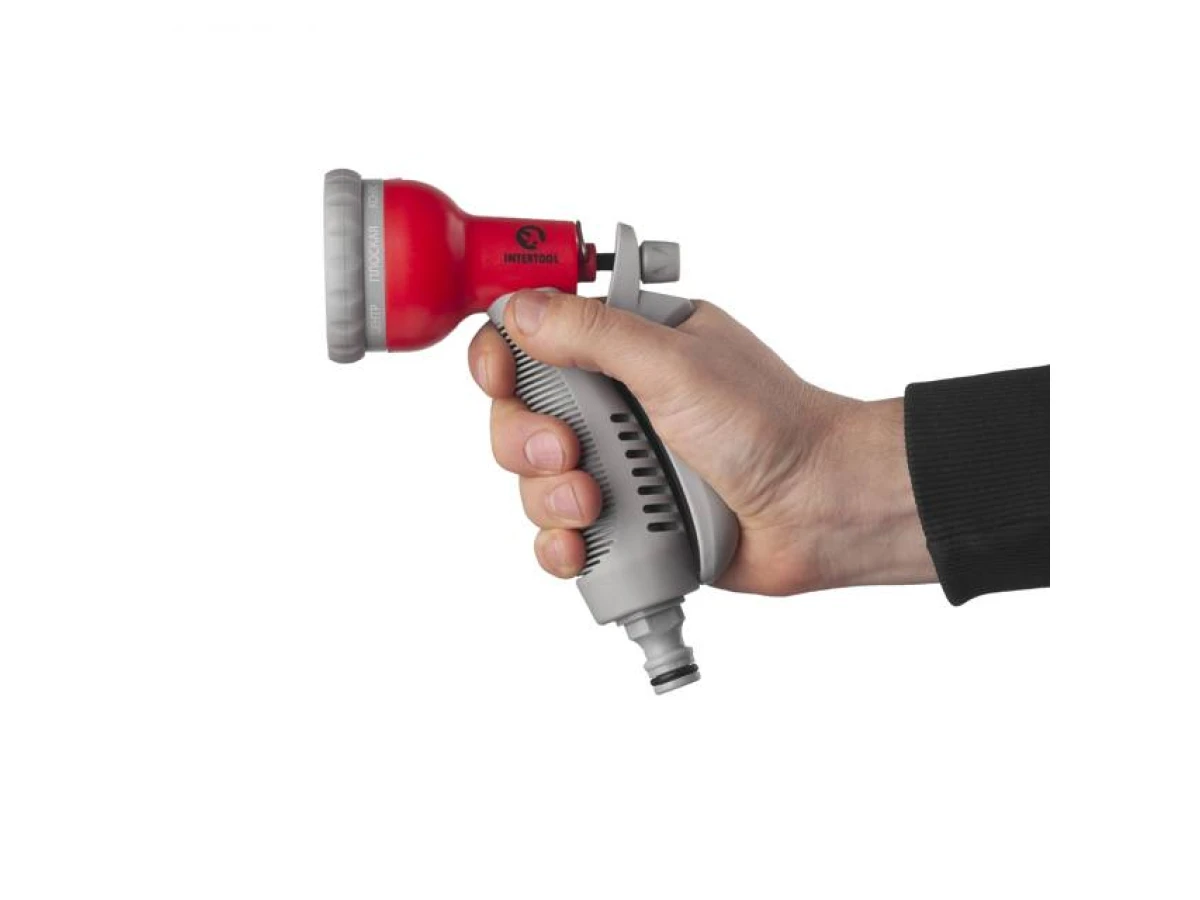 Пистолет-распылитель для полива, 8 функций + адаптер с резьбой 1/2", 3/4" и 2 коннектора для шланга 1/2" INTERTOOL GE-0002 
