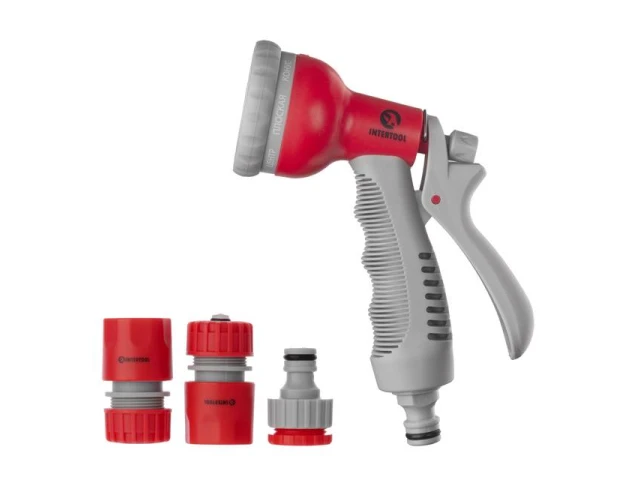 Пистолет-распылитель для полива, 8 функций + адаптер с резьбой 1/2", 3/4" и 2 коннектора для шланга 1/2" INTERTOOL GE-0002 