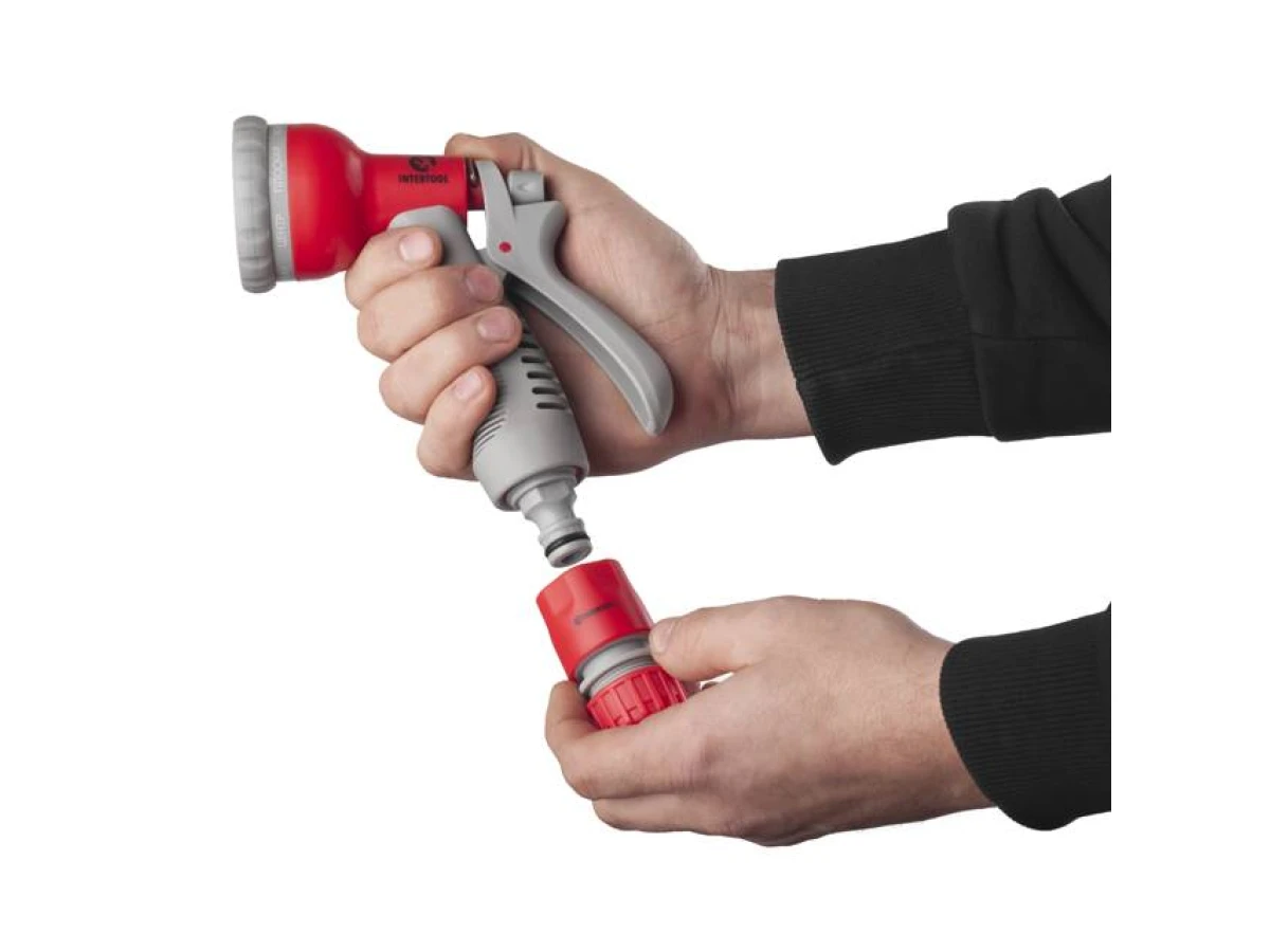 Пистолет-распылитель для полива, 8 функций + адаптер с резьбой 1/2", 3/4" и 2 коннектора для шланга 1/2" INTERTOOL GE-0002 