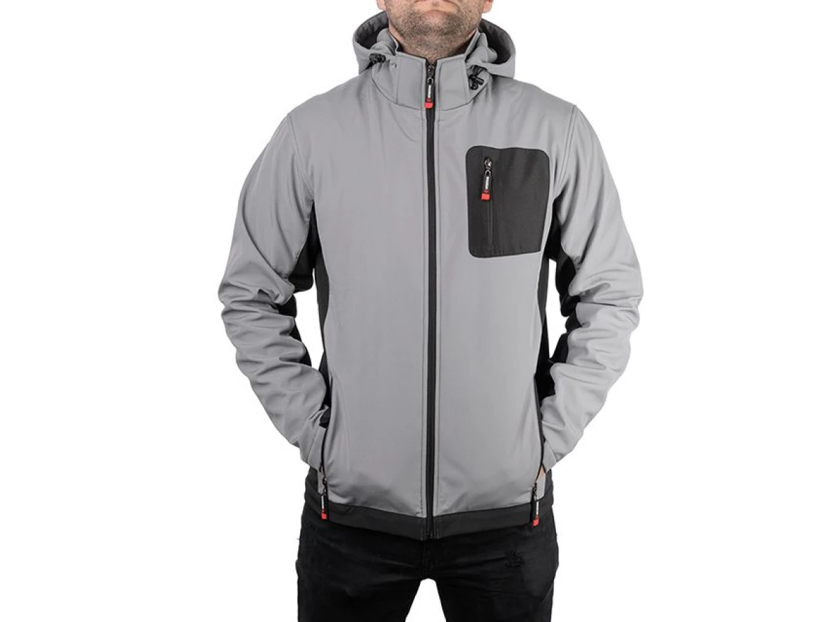 Куртка SOFTSHELL світло сіро-чорна, з капюшоном, тришарова, тканина - стрейч 300 GSM 100D, з водо- і вітрозахистом, розмір XL INTERTOOL SP-3124 