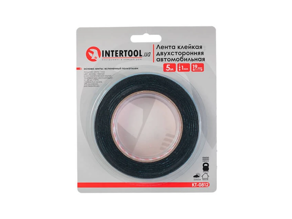 Стрічка клейка двостороння автомобільна 19 мм * 5 м * 1 мм, чорна, спінений поліетилен INTERTOOL KT-0812 