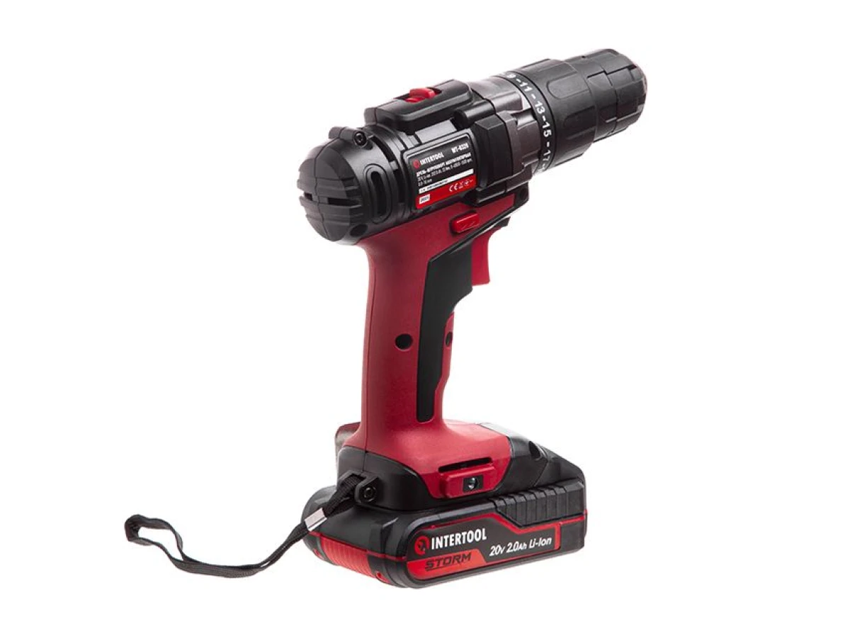 Дриль-шурупокрут акумуляторний 20 В, 35 Nm, 0-400/0-1500 об/хв, 0,8-10 мм, літій-іон, 2x2.0 Ач, ЗП, кейс INTERTOOL WT-0328 