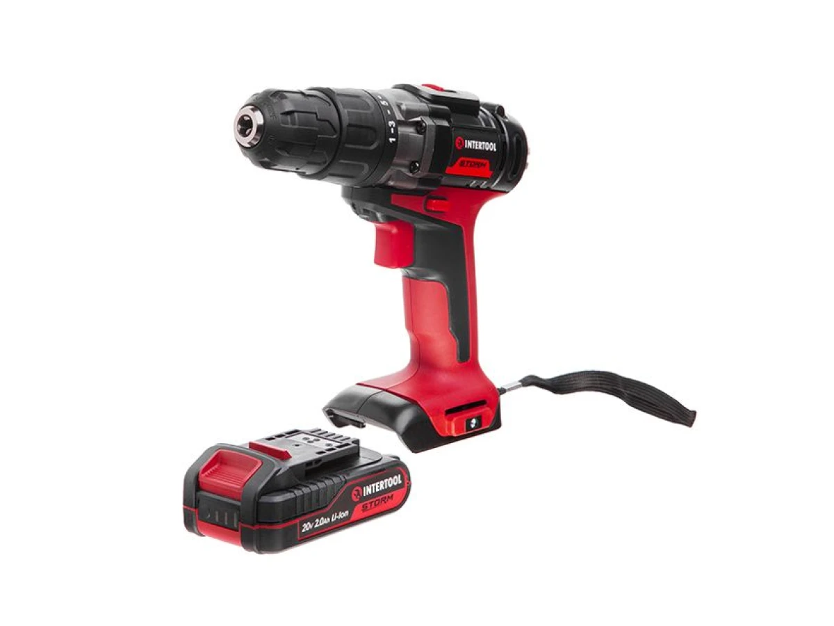 Дриль-шурупокрут акумуляторний 20 В, 35 Nm, 0-400/0-1500 об/хв, 0,8-10 мм, літій-іон, 2x2.0 Ач, ЗП, кейс INTERTOOL WT-0328 