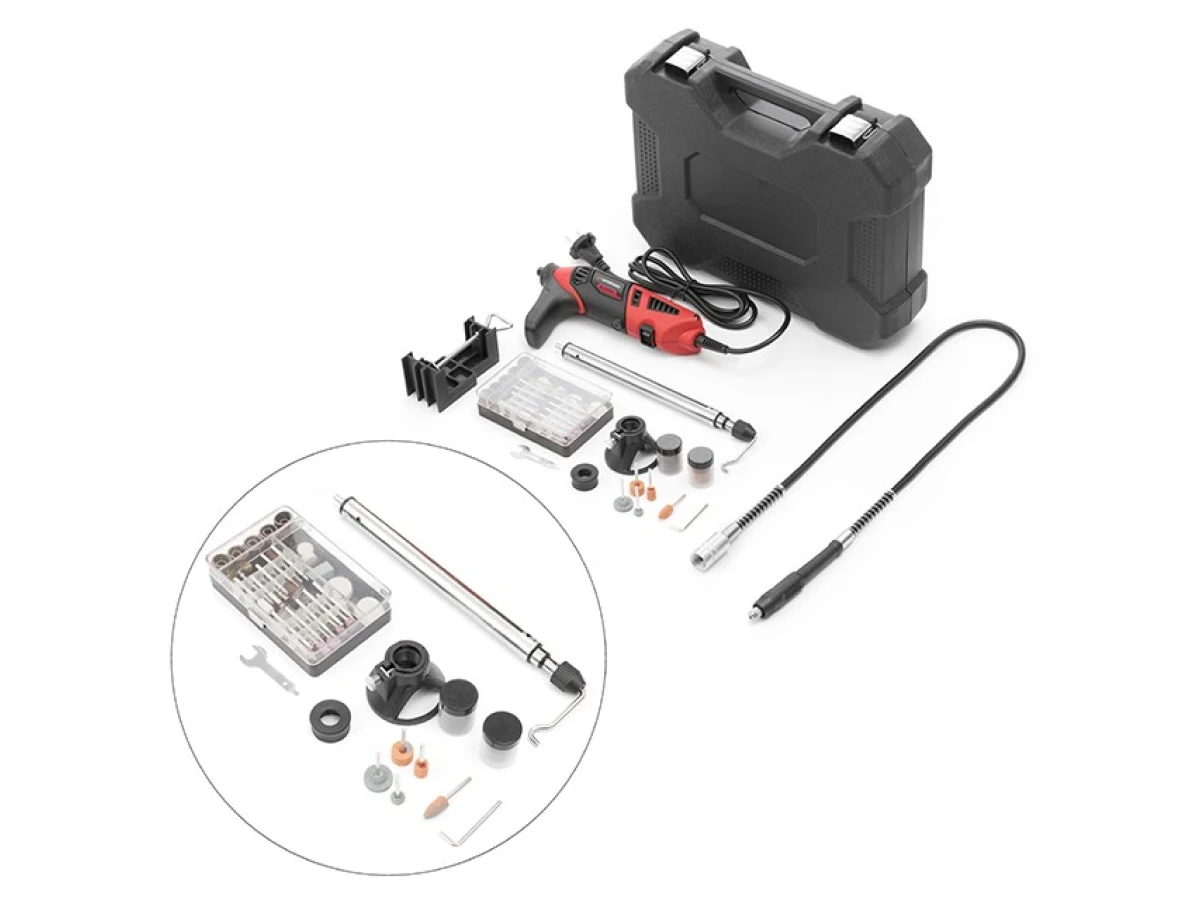 Шліфмашина пряма (гравер), 170 Вт, 8000-35000 об/хв, 120 од, кейс, стійка, гнучкий вал, насадка для фрезерування. INTERTOOL WT-0516 