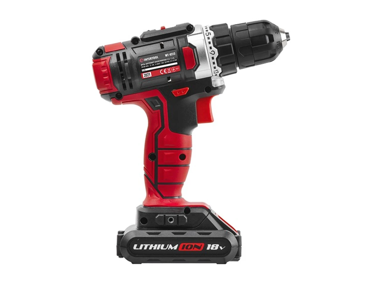Дриль-шурупокрут акумуляторний Li-Ion 18 В, 25 Nm, 0-400/0-1500 об/хв., 1,3 Аг INTERTOOL WT-0313 