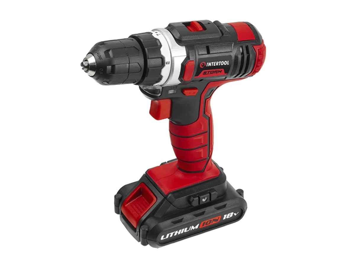 Дриль-шурупокрут акумуляторний Li-Ion 18 В, 25 Nm, 0-400/0-1500 об/хв., 1,3 Аг INTERTOOL WT-0313 