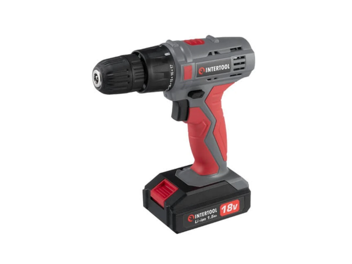 Дриль-шуруповерт акумуляторний 18 В, 17 Nm, 0-700 об/хв, 0.8-10 мм, Li-Ion, 1.5 Аг INTERTOOL DT-0315 